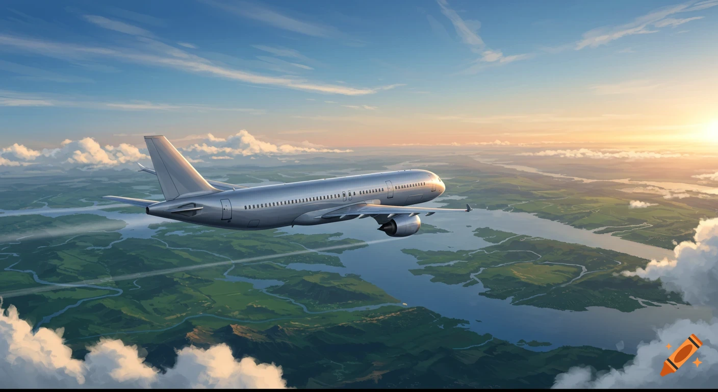A silver airplane flies high above a green, mountainous landscape with rivers, under a blue sky with clouds and a sunset.