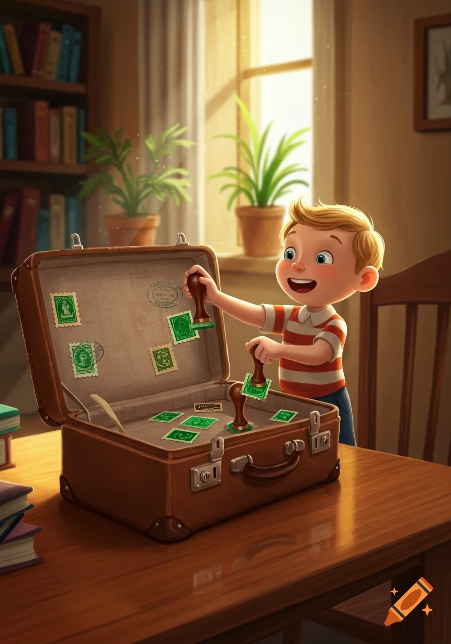 A cheerful cartoon boy places green stamps into an open brown suitcase in a sunlit room.