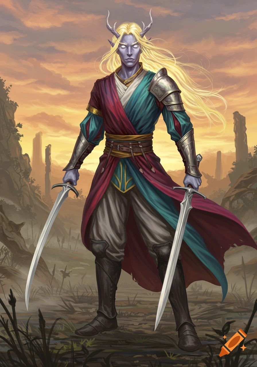 A gray-skinned male changeling paladin with white eyes and long golden hair holds two curved swords, wearing red and teal robes in a fantasy landscape at sunset.