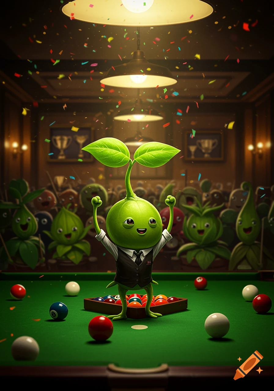 A cartoon sprout in a vest celebrates on a billiards table under falling confetti, surrounded by cheering plant characters.