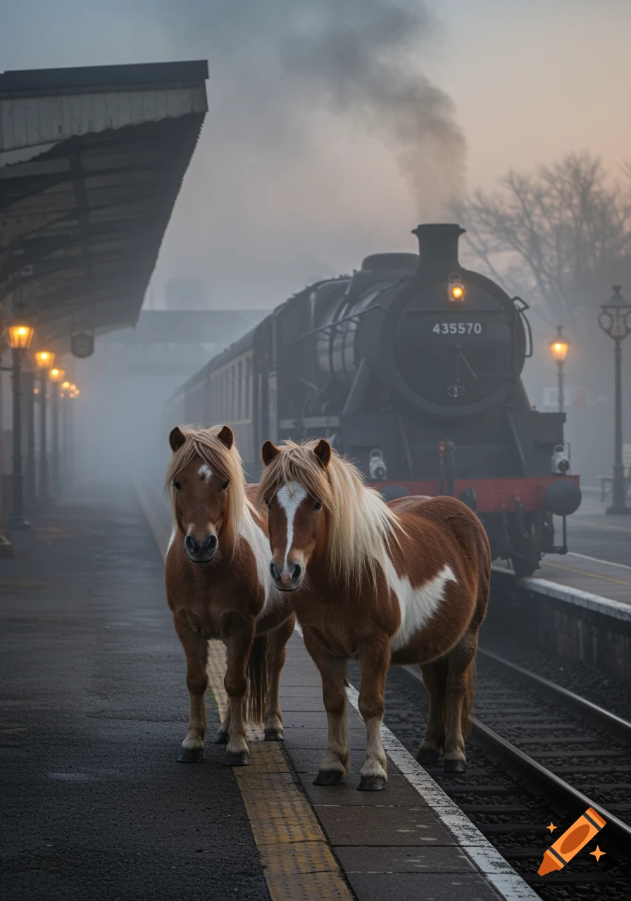 Two brown and white ponies stand on a misty train platform with a steam locomotive in the background, appearing photorealistic.