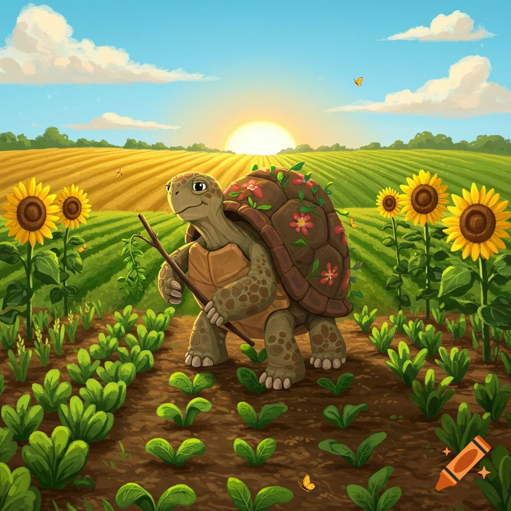 A cartoon turtle walks through a sunny farm field, holding a stick. Sunflowers line the rows of green crops.