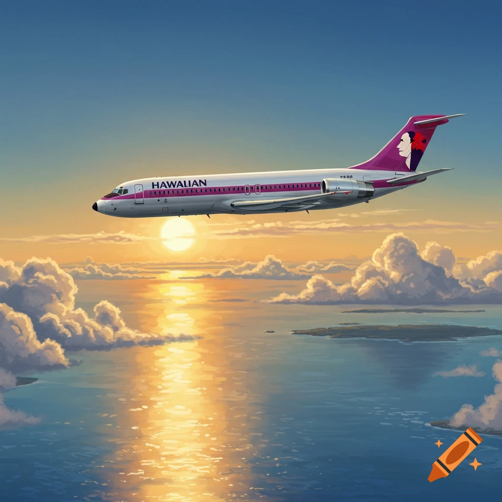 An old Hawaiian Airlines airplane flies over water with islands below during a golden sunset.