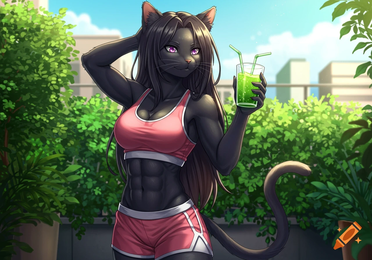 Anime-style anthropomorphic black cat woman with an athletic build, wearing a pink sports bra and shorts, holding a glass of green juice outdoors.