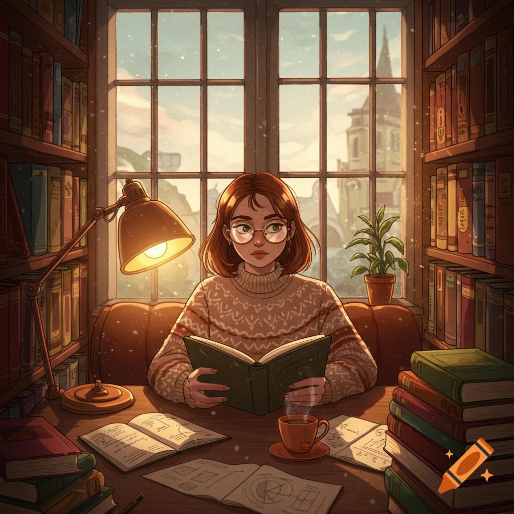 An illustration of a young woman with glasses reading a book at a desk filled with books and a cup of tea, with a snowy window view behind her.