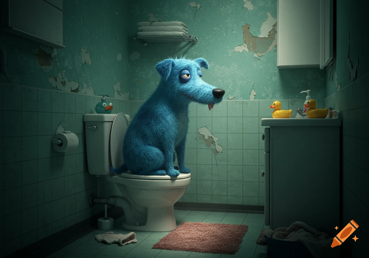 A shaggy blue dog with droopy eyes sits on a toilet in a rundown, greenish-tiled bathroom. Two rubber ducks are on the counter.