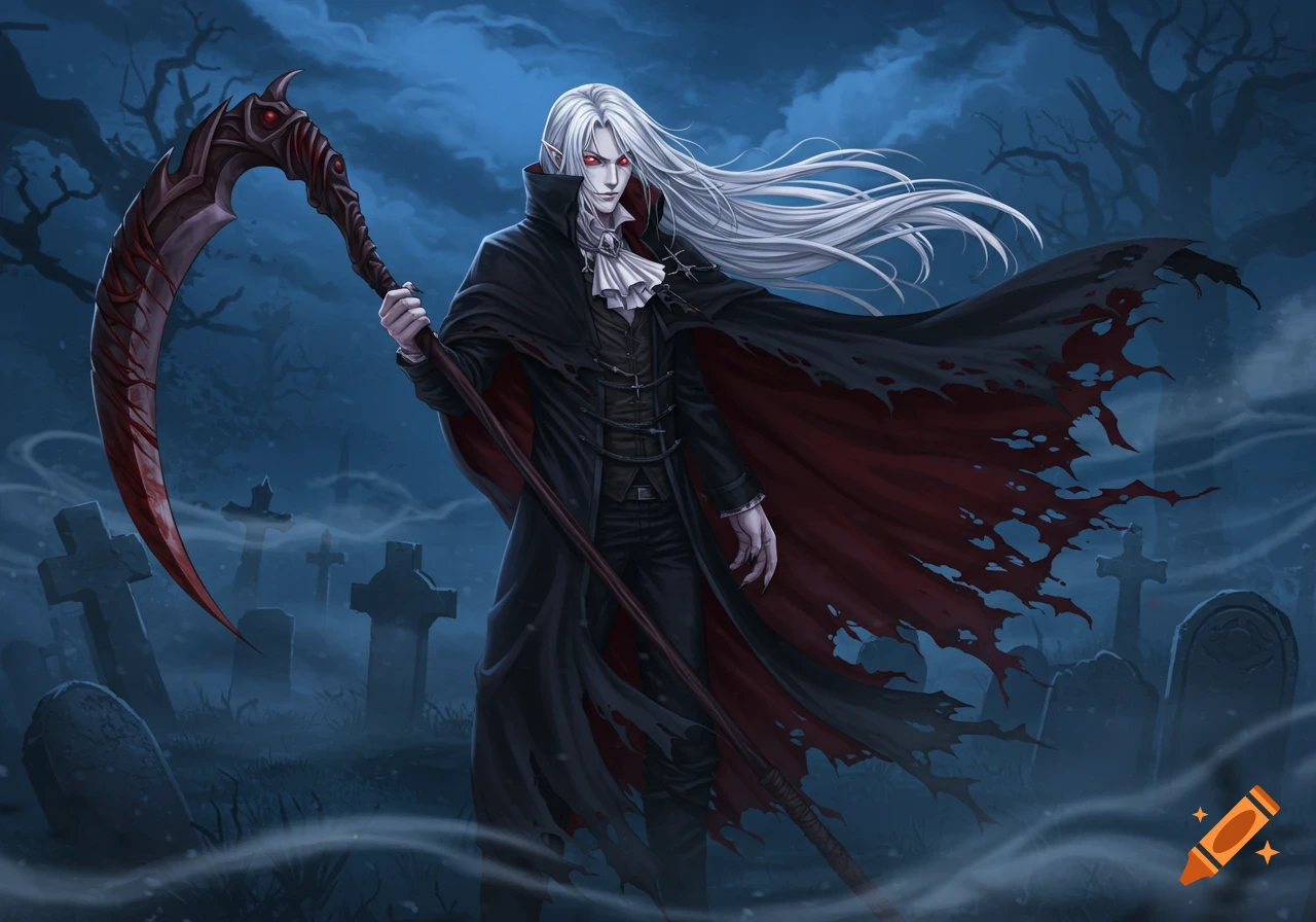 Anime-style male vampire with long white hair and red eyes holding a large blood-red scythe in a misty graveyard at night.