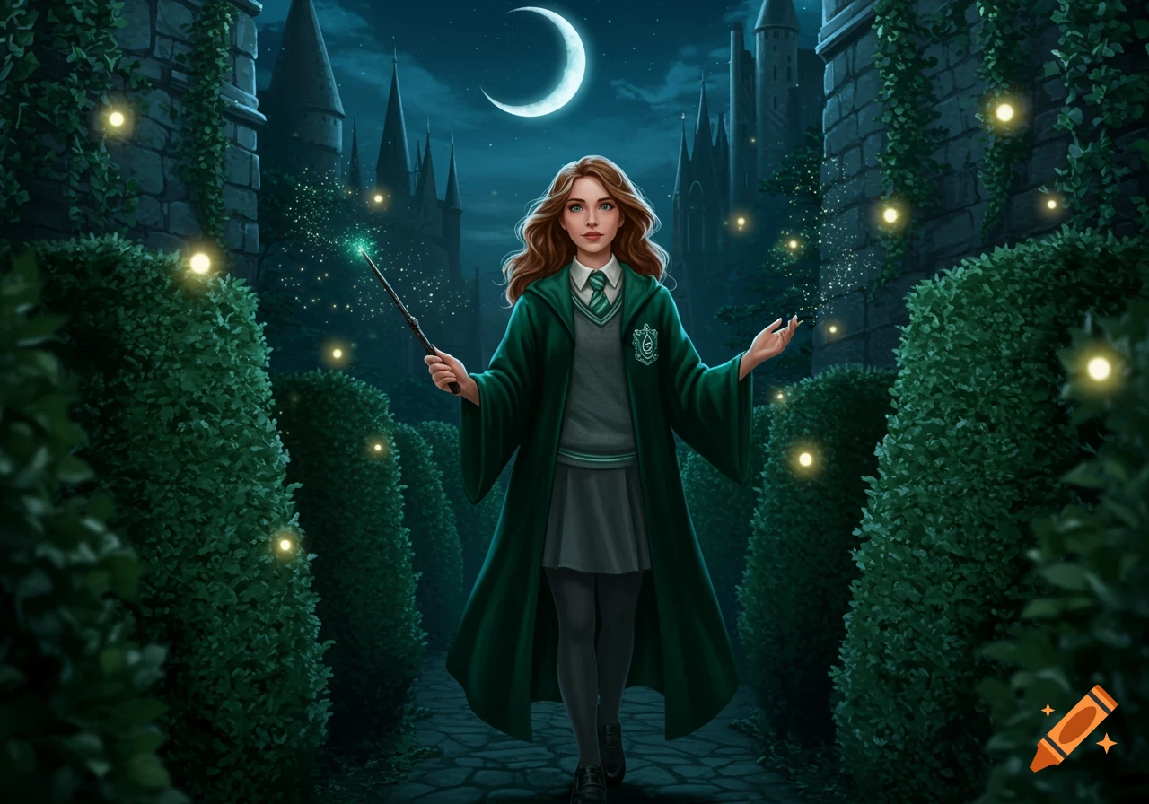 A young witch in a dark green Slytherin uniform holds a glowing wand in a magical garden at night, with a castle under a crescent moon in the background.