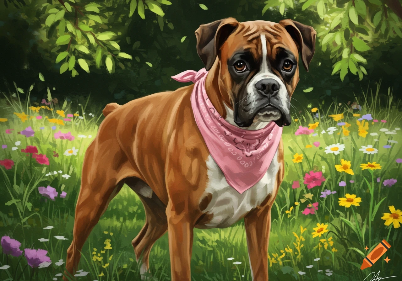 A brown and white boxer dog wearing a pink bandana stands in a field of colorful wildflowers under green trees, in a painterly style.