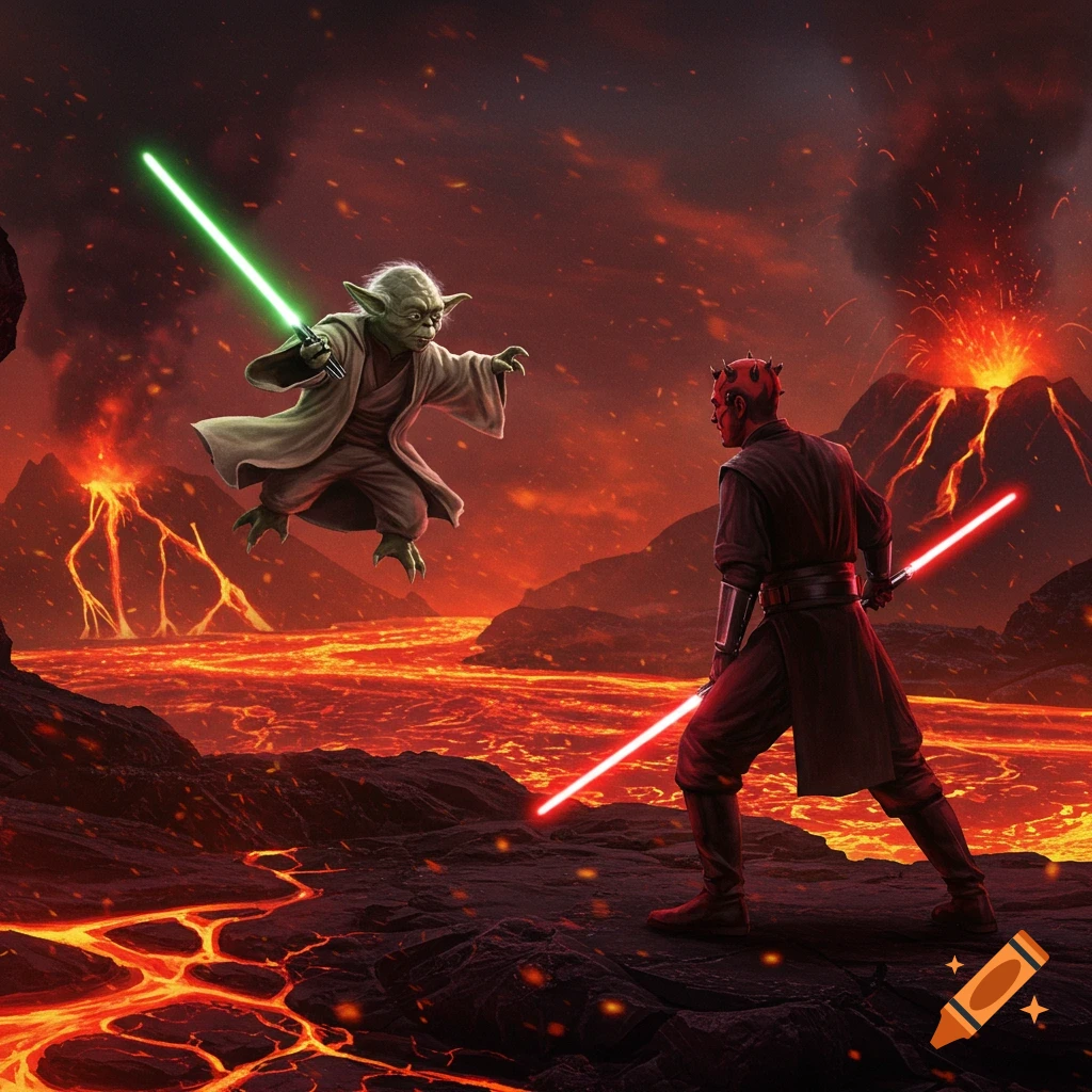 Yoda and Darth Maul battle with lightsabers in a volcanic landscape with flowing lava and erupting volcanoes.