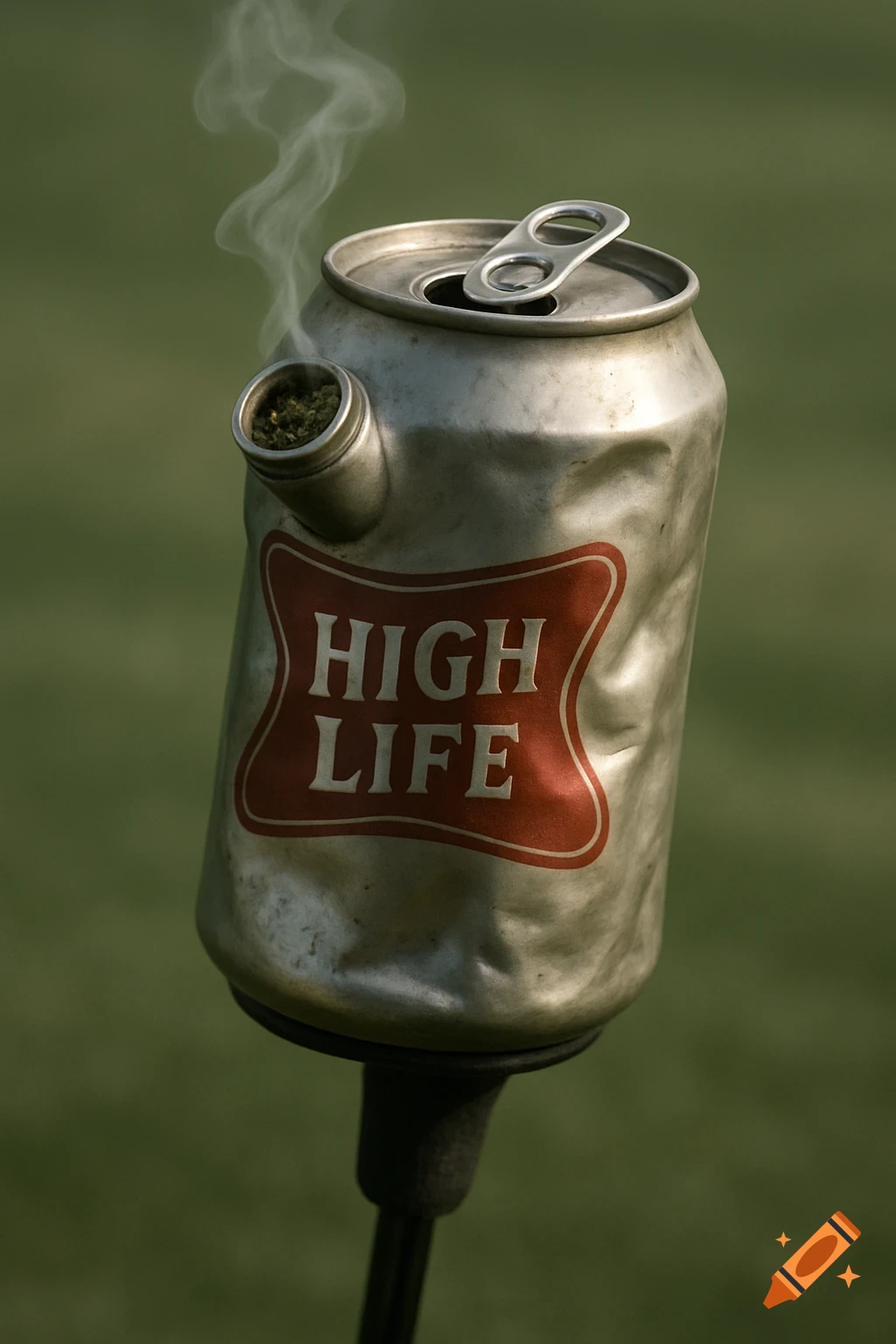 A photorealistic image of a dented beer can with a 'HIGH LIFE' label, modified to be a marijuana pipe with smoke rising, on a golf club.