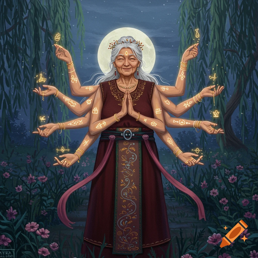 A multi-armed elderly woman with glowing symbols on her arms stands under a full moon in a mystical forest with purple flowers.
