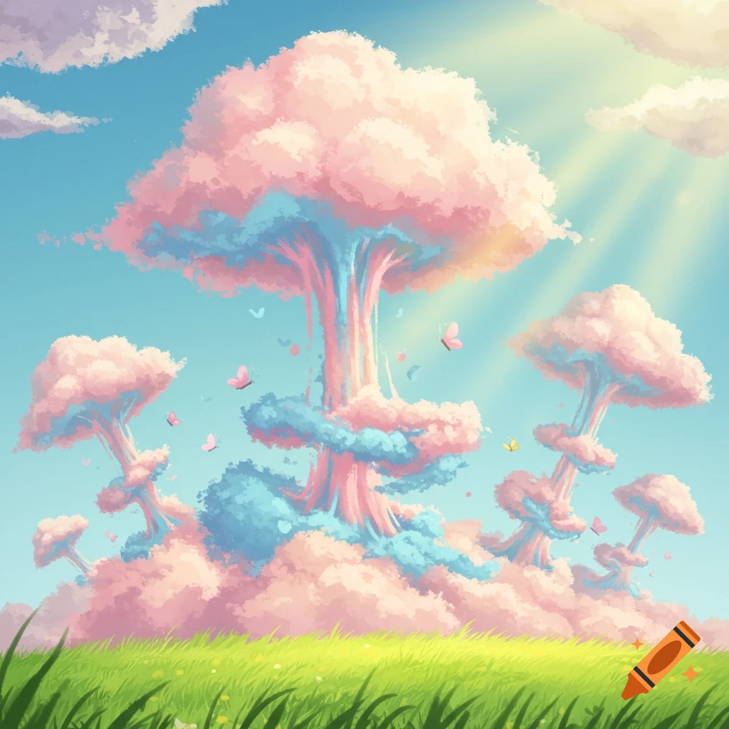 Whimsical fantasy landscape with pink and blue cotton candy-like trees, a green grassy field, and a bright blue sky with sun rays and butterflies.