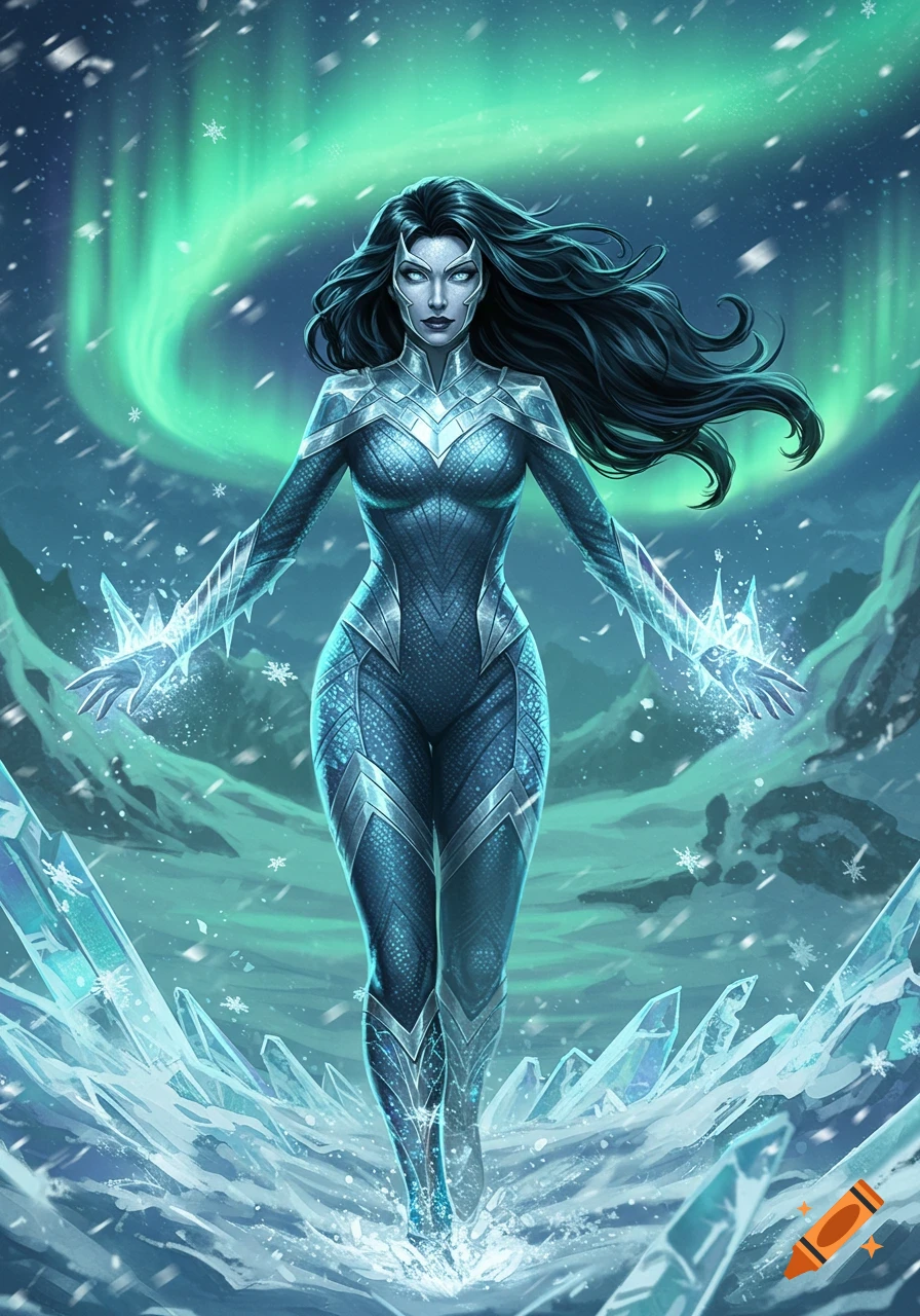 A female superhero in a blue and silver suit stands on ice, radiating energy, against a snowy background with green aurora borealis.