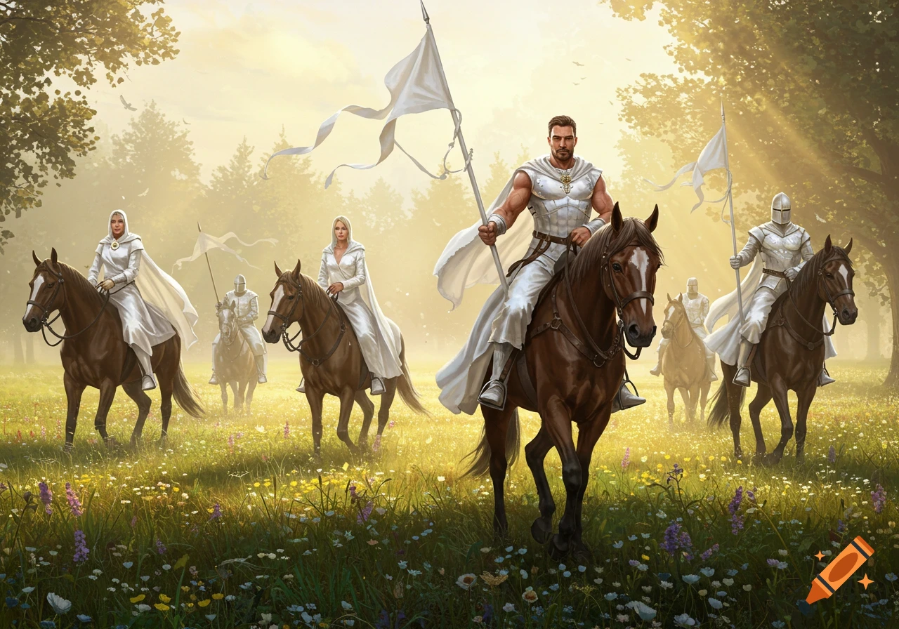 Knights in white satin robes ride horses through a sunny, flower-filled meadow.