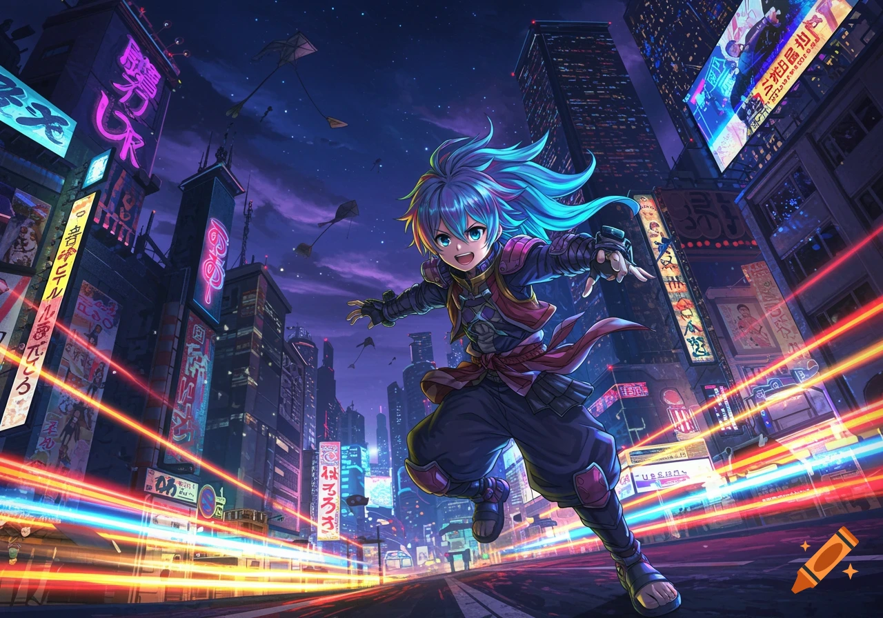 An anime character with vibrant blue hair runs through a neon-lit cyberpunk city at night with speed lines.