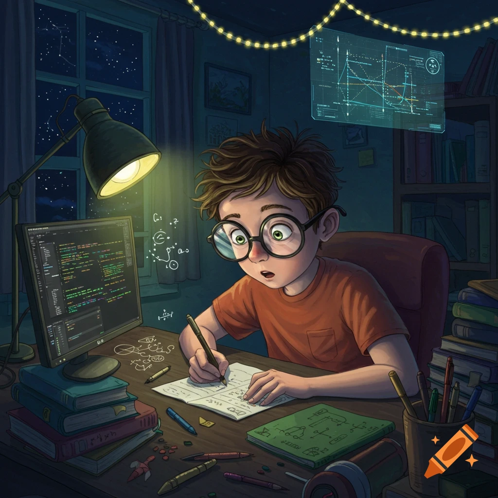 A cartoon-style image of a young boy with messy hair and glasses intently writing at a desk, illuminated by a desk lamp, with a computer screen showing code and books.