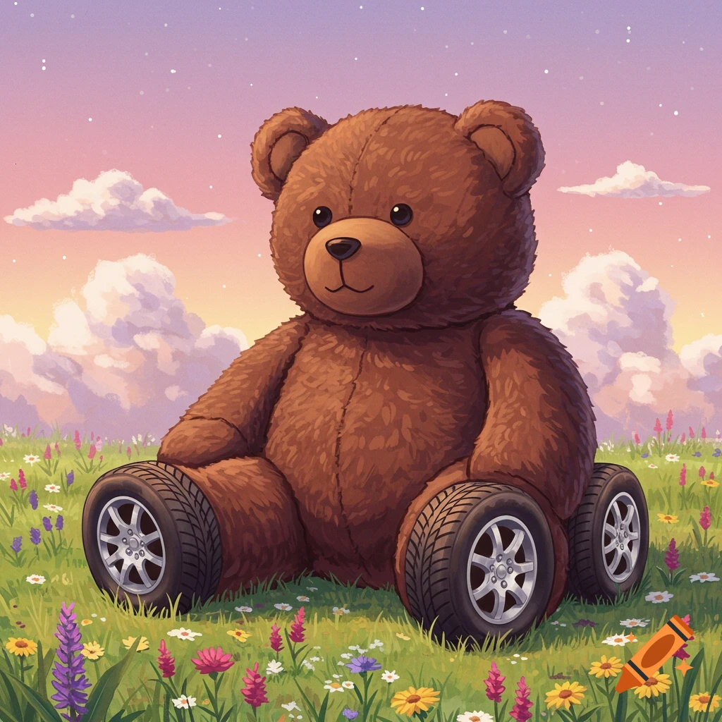 A large brown teddy bear with car tires for legs sits in a vibrant field of wildflowers under a pastel sunset sky.