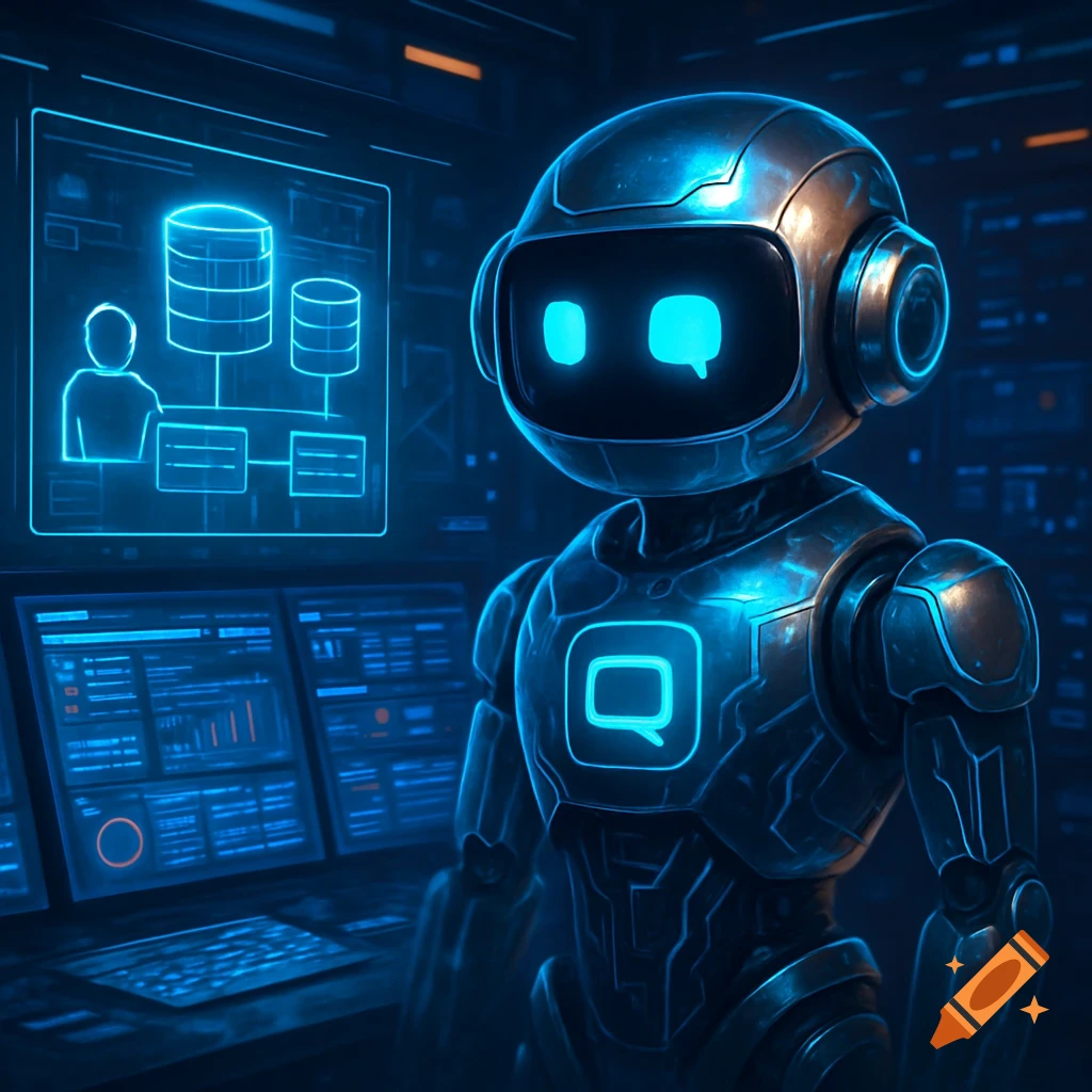 A glowing blue chatbot figure with a Q symbol on its chest stands in a dark control room with holographic screens displaying data and diagrams.