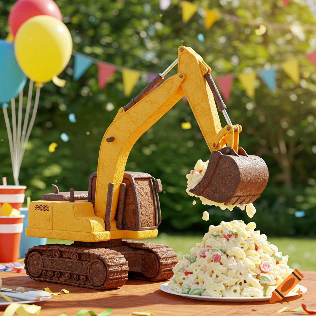 A yellow excavator cake scoops macaroni salad onto a plate at an outdoor party with balloons and banners.