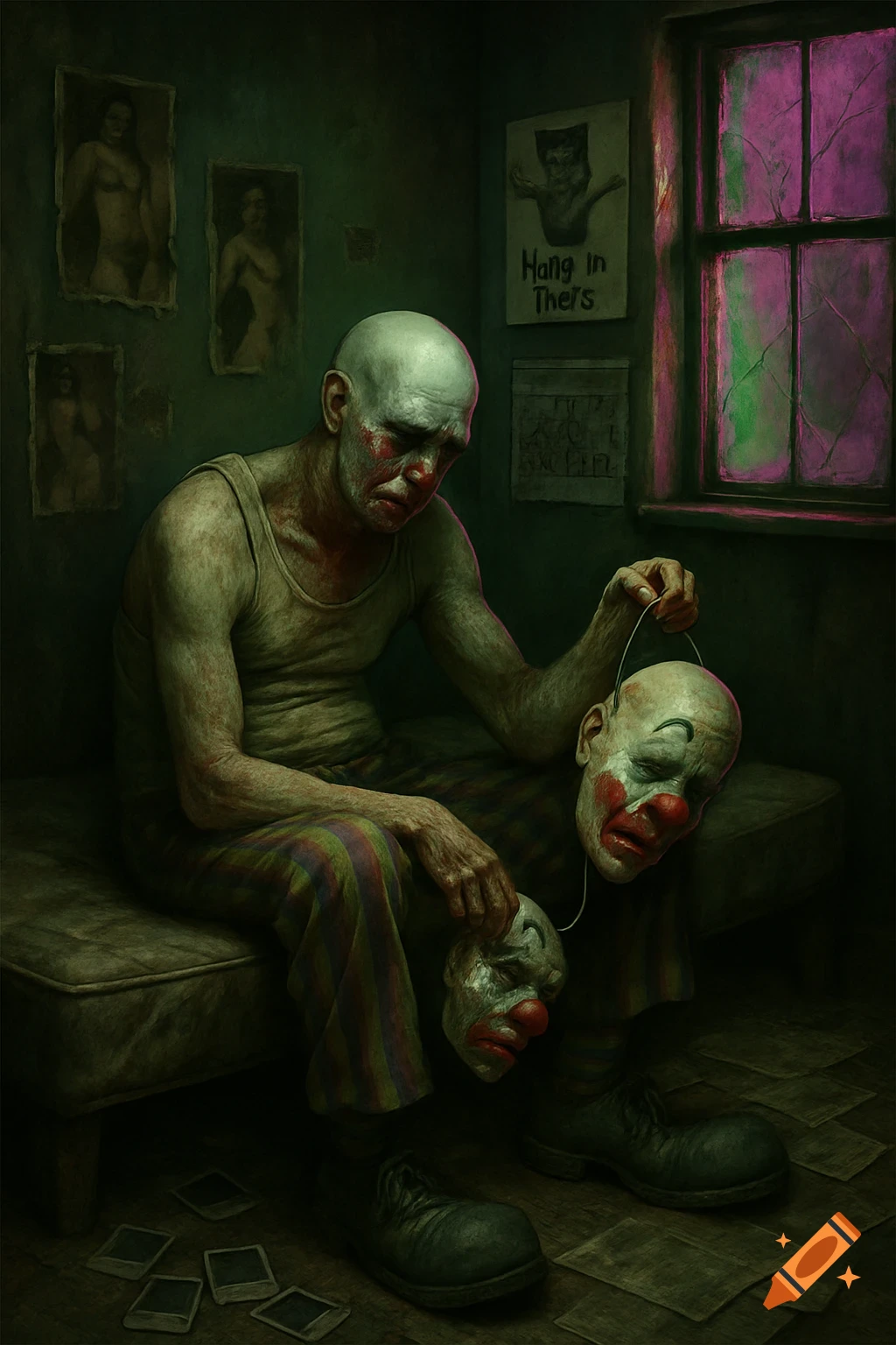 A bald man with red clown makeup sits on a dirty mattress, holding two clown masks in a dingy room with a window and posters.