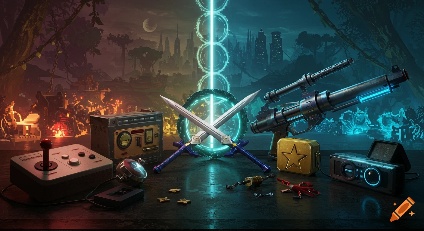 A retro joystick, ancient swords, and a futuristic gun sit on a dark table, with a glowing energy pillar between a pixelated, fiery landscape and a modern cityscape in the background.