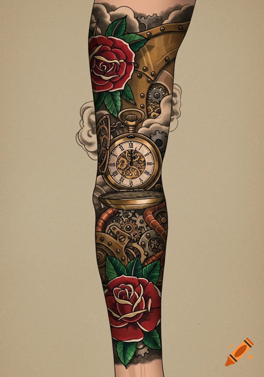 An American traditional steampunk tattoo sleeve featuring a gold pocket watch, gears, and red roses on a beige background.