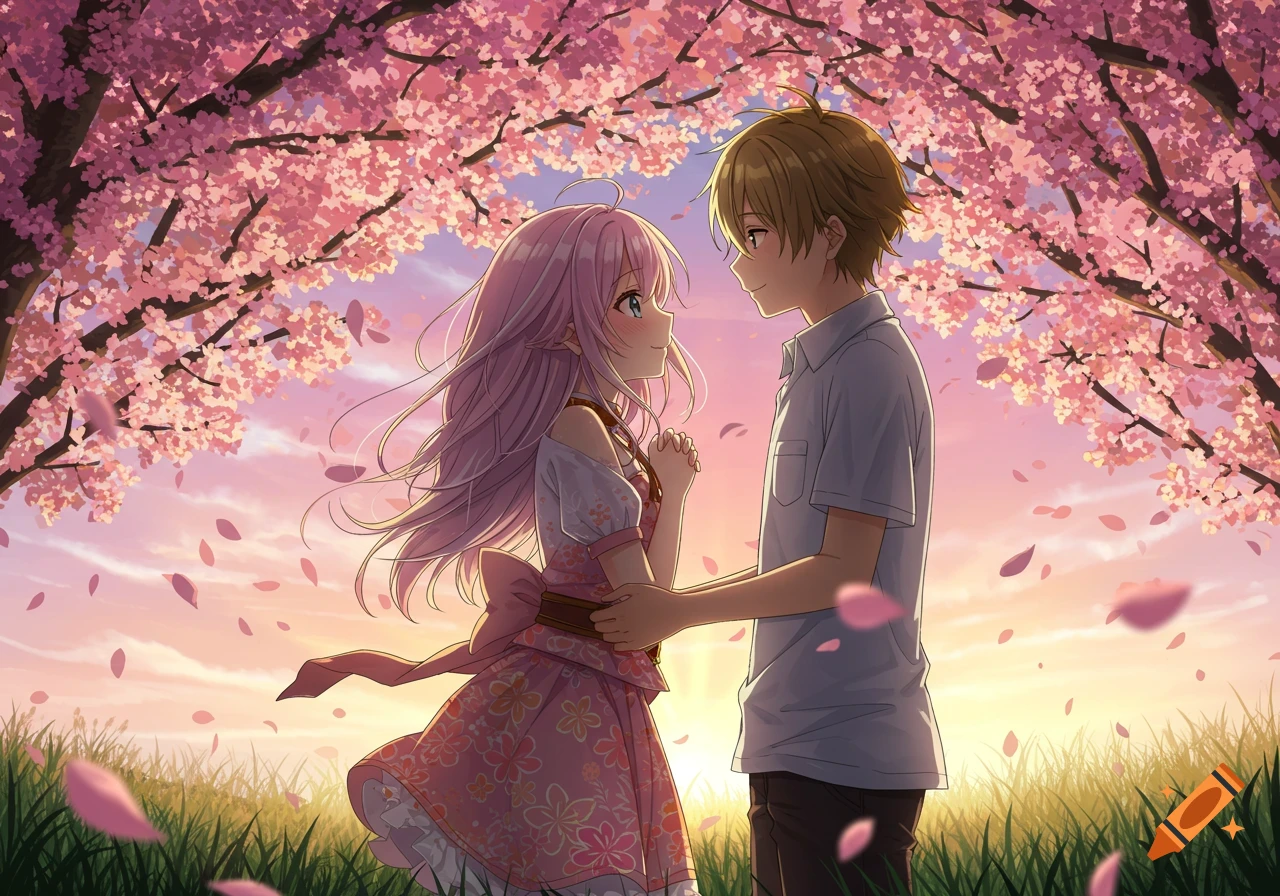 Anime couple holding hands under cherry blossom trees in a field at sunset.