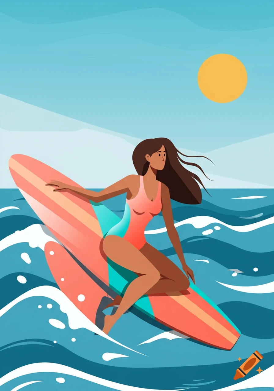 An illustration of a woman in a swimsuit kneeling on a surfboard, riding a blue wave under a bright sun.