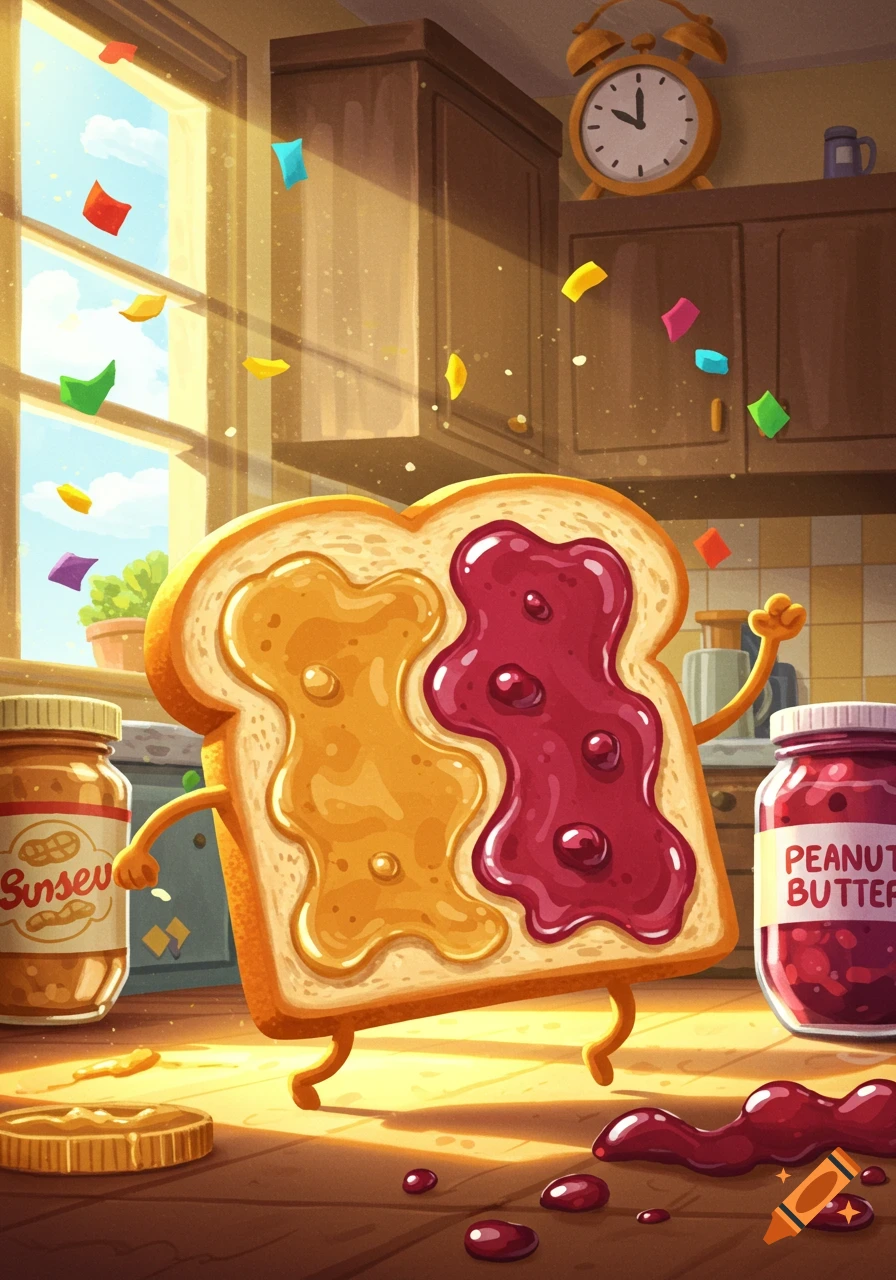 Anthropomorphic peanut butter and jelly toast dancing in a sunlit kitchen with jars of spreads and colorful confetti.