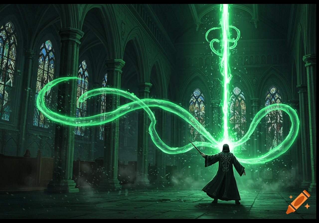 A wizard in a dark robe casts a powerful green spell in a dark, gothic hall with stained glass windows.