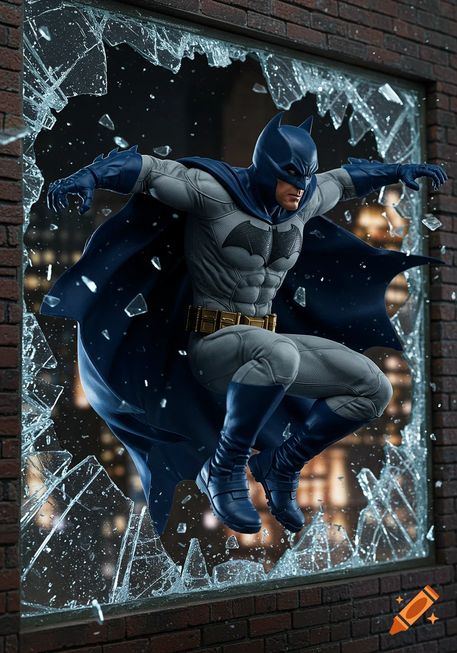 Photorealistic Batman in a gray suit and blue cape smashing through a glass window.
