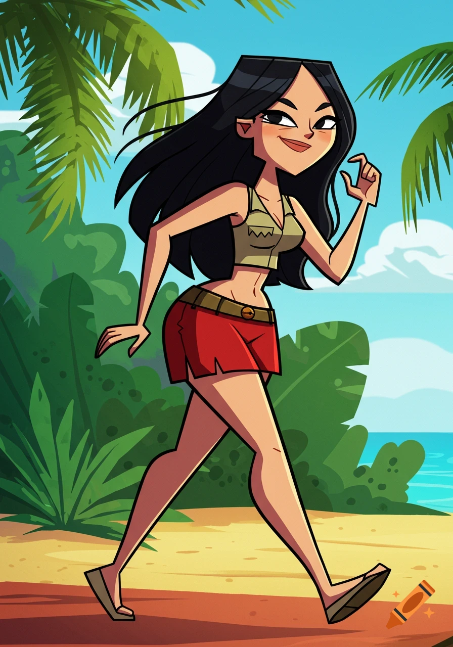 A cartoon character, Heather from Total Drama Island, walks confidently on a tropical path by the ocean.