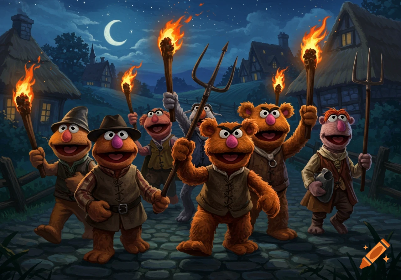 Angry Muppet-like characters with torches and pitchforks in a stylized village at night.