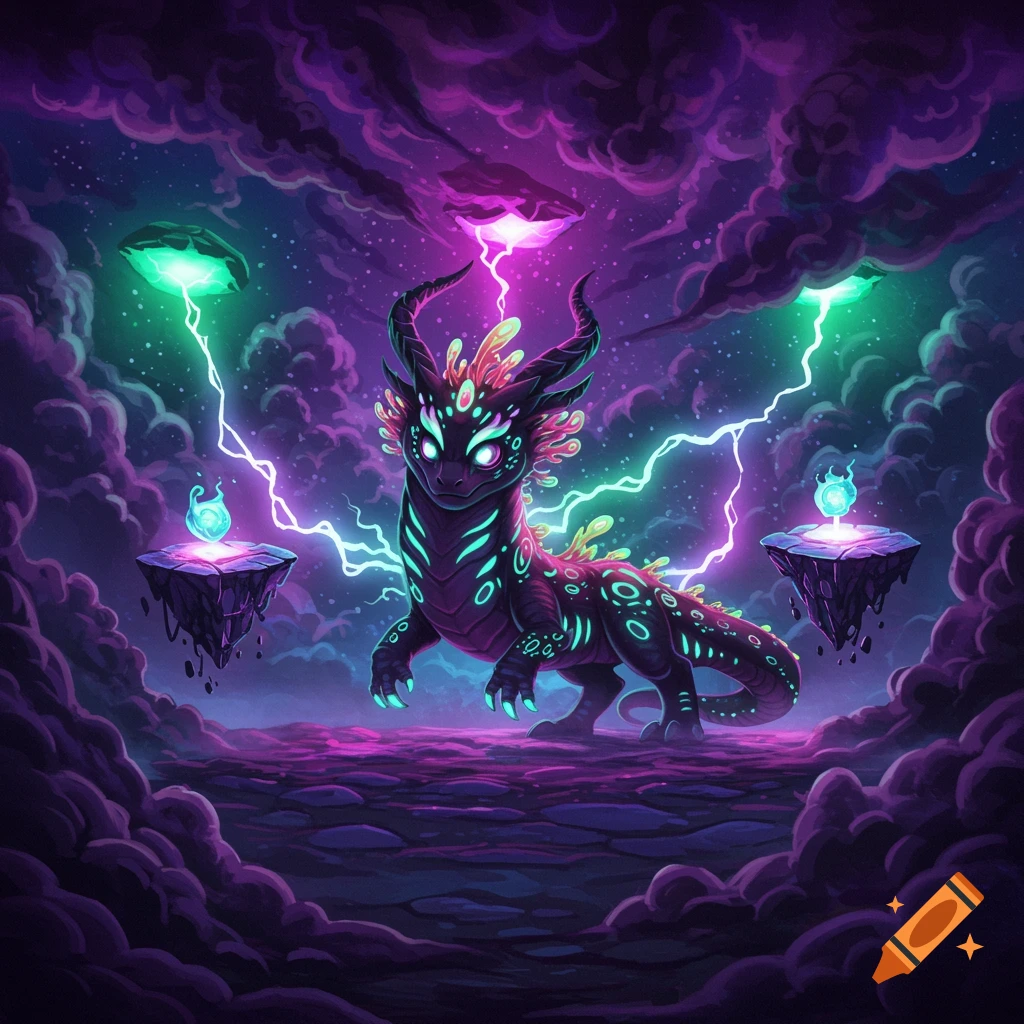 A cute, glowing, purple and green fantasy dragon monster in a mystical, cloudy landscape with lightning and floating islands.