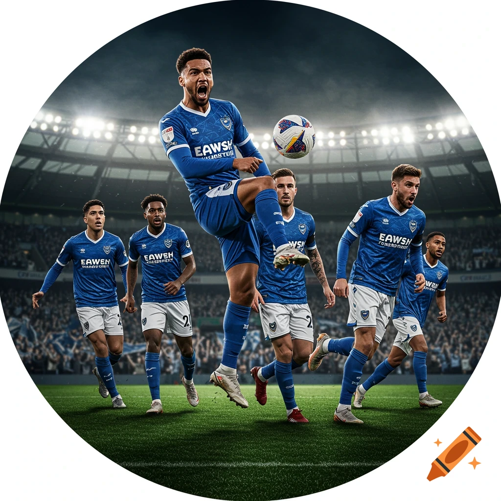 Photorealistic image of soccer players in blue uniforms on a stadium field, with one player jumping to kick a ball.