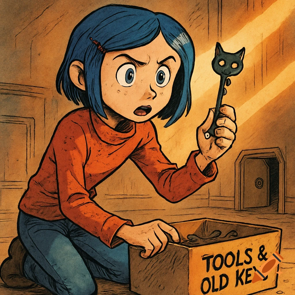 Coraline kneels, holding a black cat-headed key from a box labeled 'TOOLS & OLD KEYS' in a comic book + anime style.