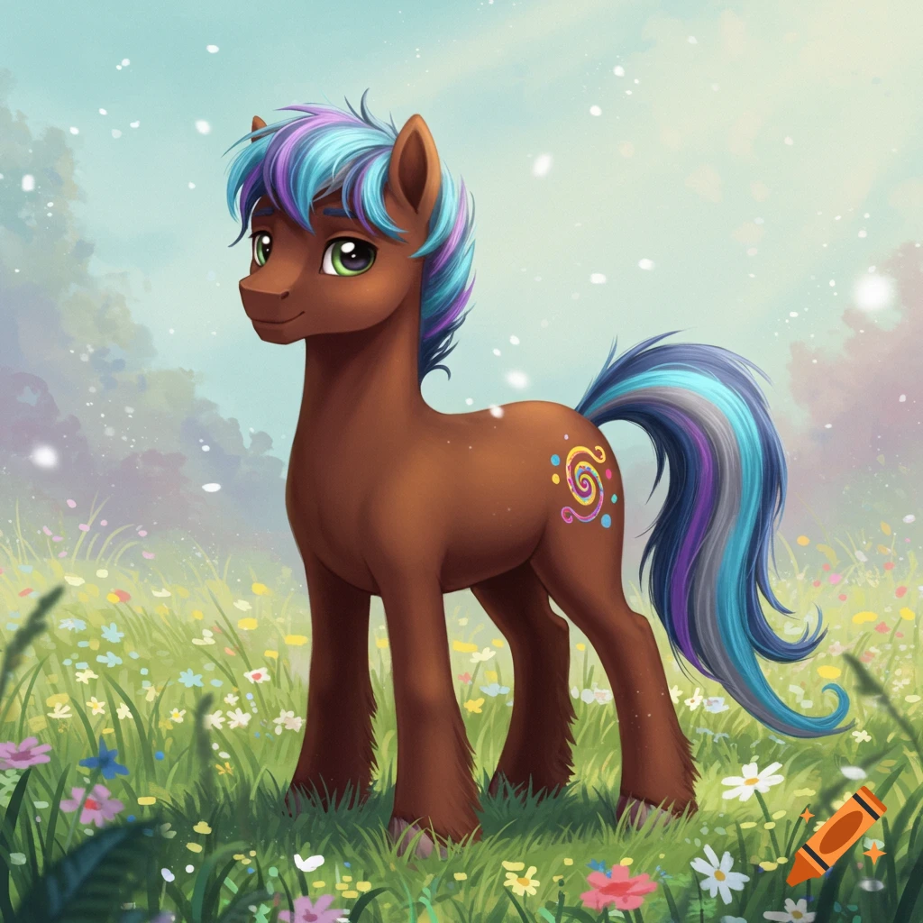 A brown pony with blue, purple, and grey mane and tail stands in a field of colorful wildflowers.