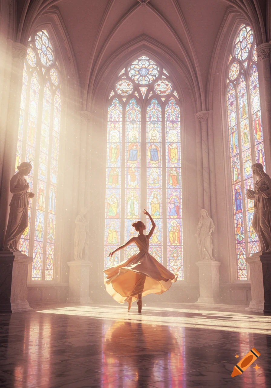 A graceful ballerina in a flowing dress dances in a grand hall with towering, colorful stained glass windows and sunbeams.