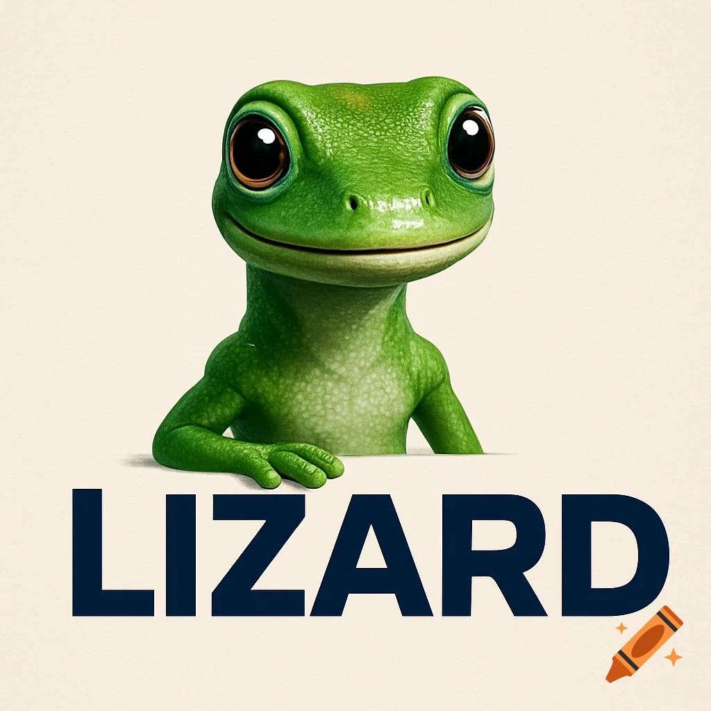 A cute green cartoon lizard with big eyes peeks over a white surface, with the word LIZARD in dark blue below it.