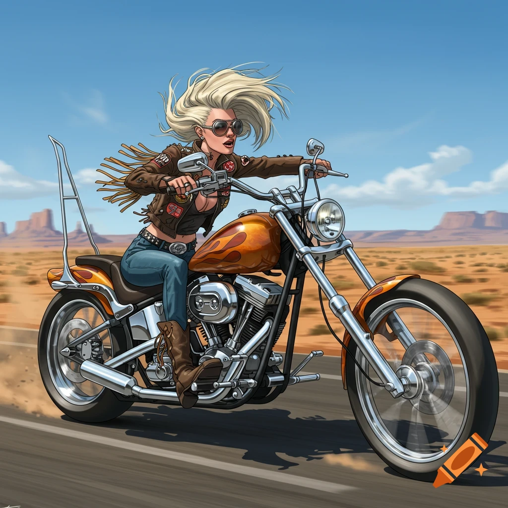 Illustrated blond woman with flowing hair riding a custom chopper motorcycle on a desert road with mesas in the background.