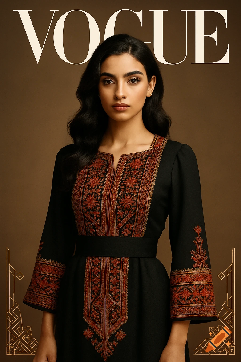 A photorealistic image of a young woman on a VOGUE magazine cover, wearing a black dress with intricate red and gold embroidery.