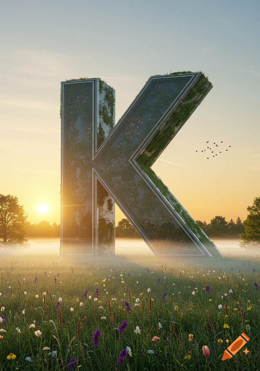 A giant letter K made of metal and covered in vines stands in a field of wildflowers during a misty sunrise.