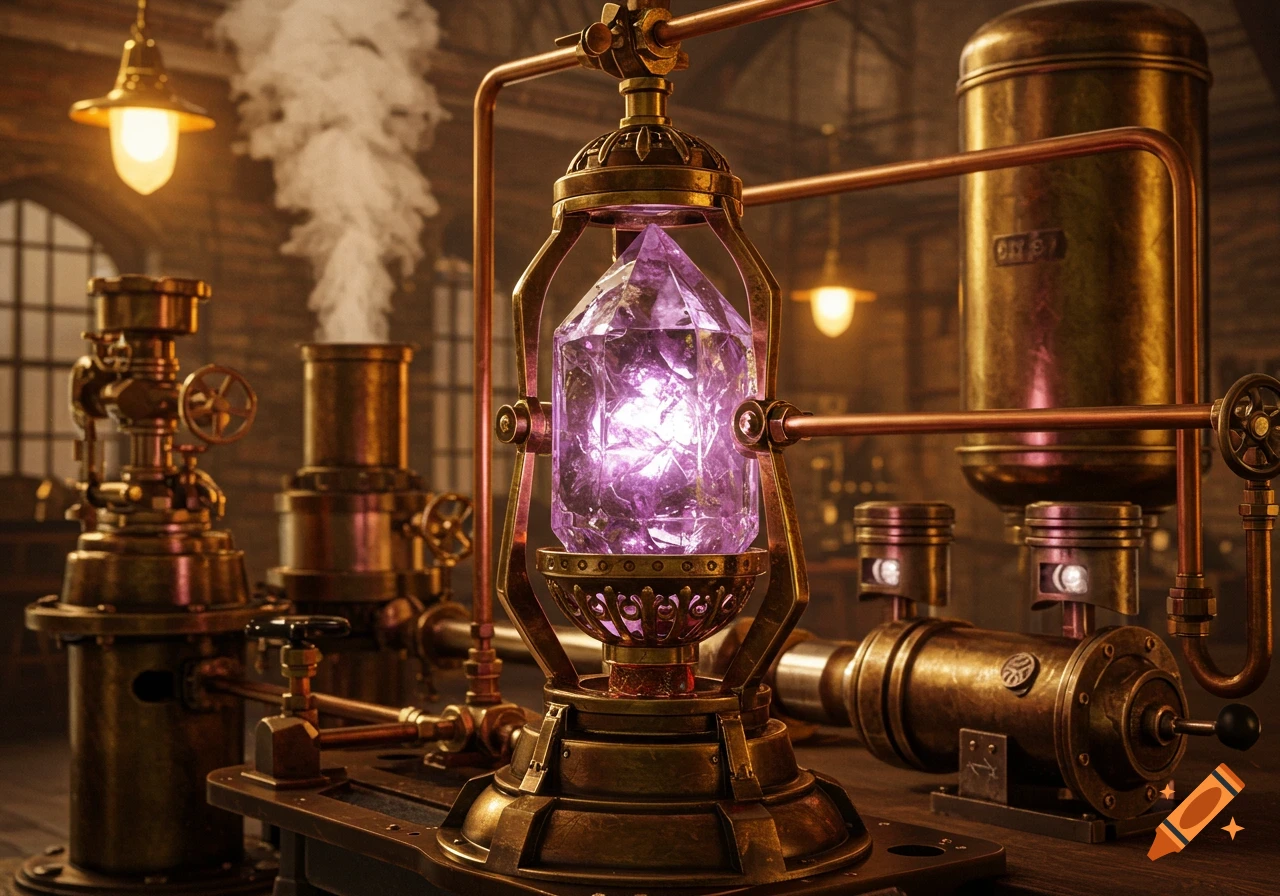 A detailed steampunk machine with brass and copper pipes, a large glowing purple crystal, and a tall boiler emitting steam.