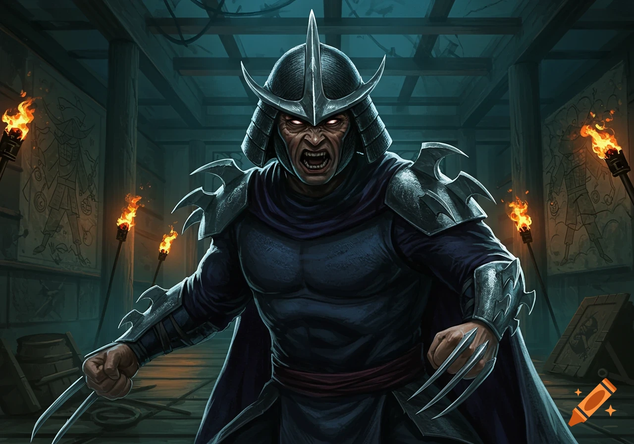 An angry Shredder from TMNT in samurai-like armor with blade claws stands in a dark, torch-lit chamber.