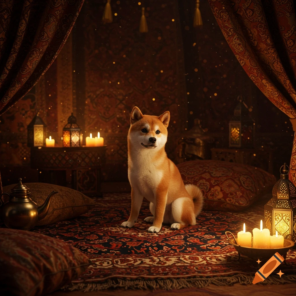 A photorealistic Shiba Inu sits on a patterned rug in a richly decorated, candlelit Arabian Nights tent.