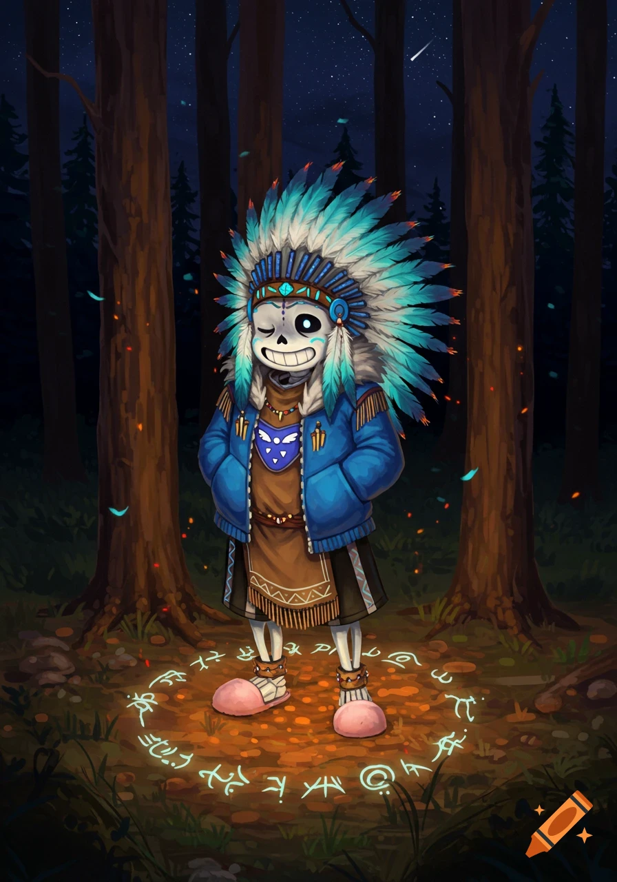 Sans from Undertale wears a blue jacket and a large turquoise feathered headdress, standing in a forest at night with glowing symbols around him.
