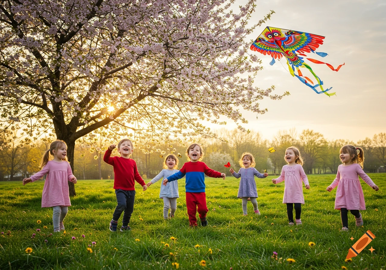 Photorealistic image of joyful children running and playing in a sunny, green park with a blossoming tree and a colorful kite flying in the sky.