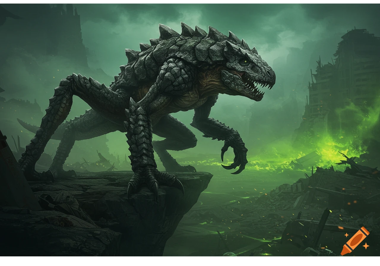 A large, dark reptilian creature with rocky scales and sharp claws stands on a cliff overlooking a glowing green toxic wasteland.