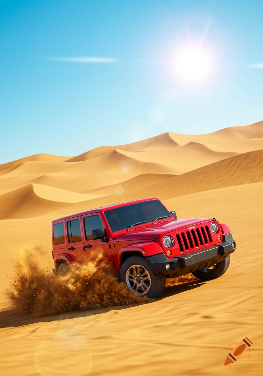 A red Jeep drives through a sunny desert, kicking up sand.